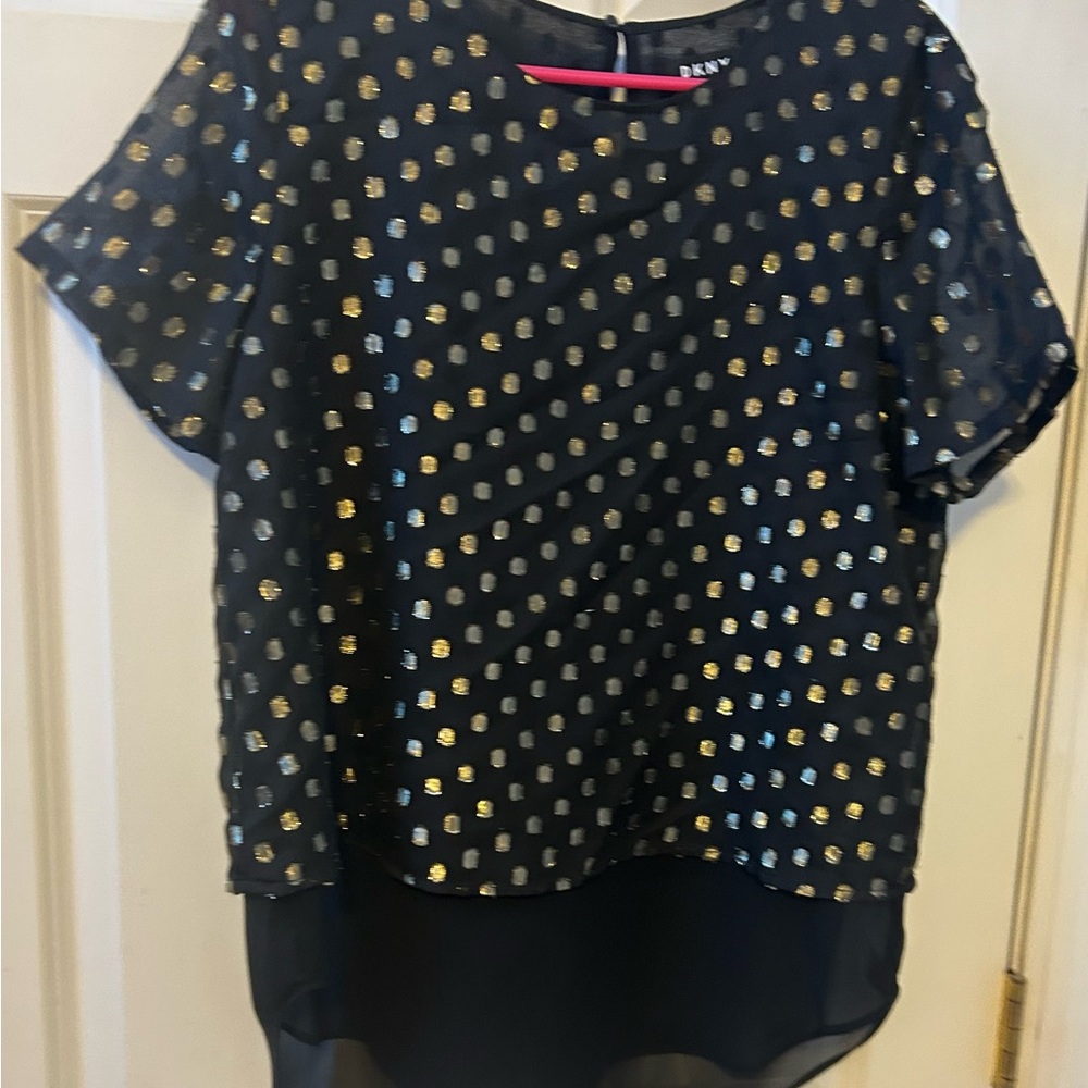 DKNY Black Blouse  Size M with Metallic Gold Polka Dots. High/low shear bottom.